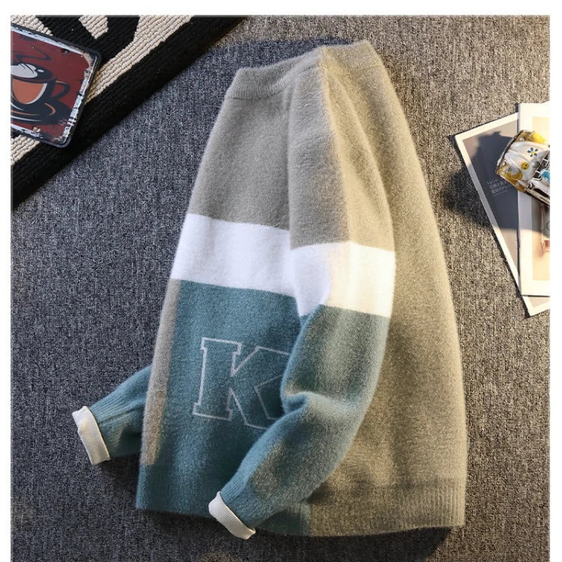 Trendy Men's Round Neck Sweater Autumn Winter Color Block Knitwear Minimalist Urban Loose Pullover Fashion Casual Streetwear Top