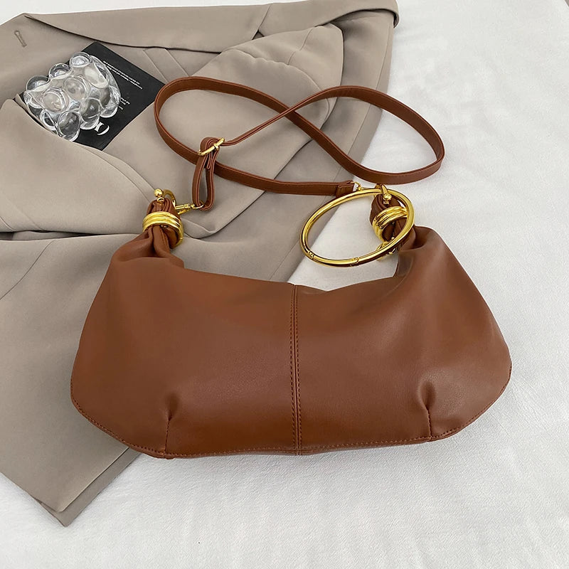 2025 Fashion Hobo Bag Luxury Designer Handbag Brand Women Tote Bag Gold Ring Handle Clutch Bag 8 Colors Pu Leather Lady Bag
