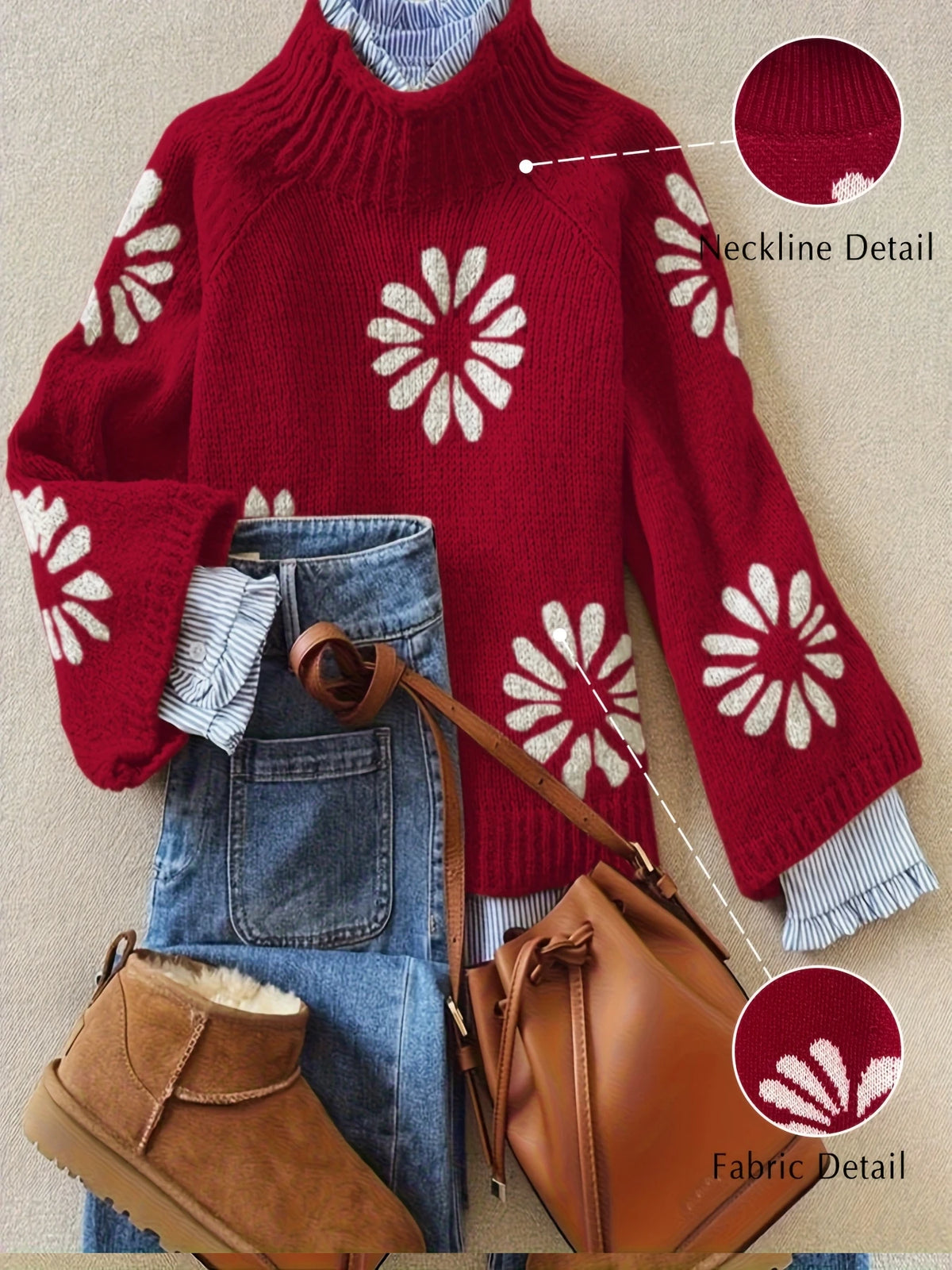 Winter Women's Knit Sweater Ribbed Floral Design Long Sleeve Pullover Fall New Arrival Knitwear Casual streetwear