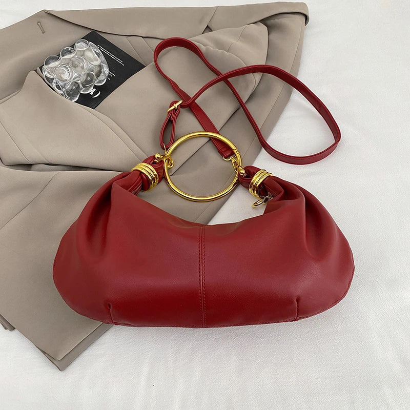 2025 Fashion Hobo Bag Luxury Designer Handbag Brand Women Tote Bag Gold Ring Handle Clutch Bag 8 Colors Pu Leather Lady Bag