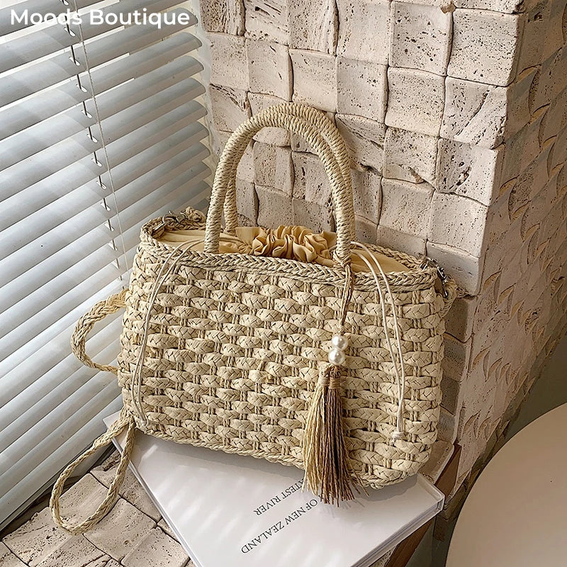 MOODS Rattan Woven Top-handle Bags For Women 2026 Summer Beach Holiday Shoulder Cross Body Basket Bag Luxury Designer Handbags