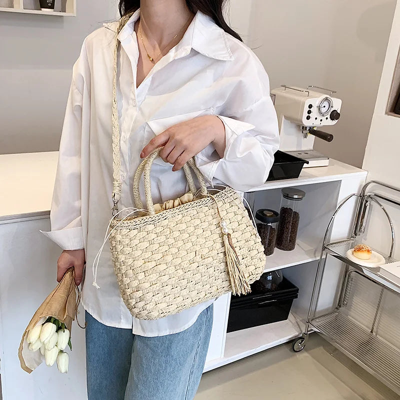 MOODS Rattan Woven Top-handle Bags For Women 2026 Summer Beach Holiday Shoulder Cross Body Basket Bag Luxury Designer Handbags