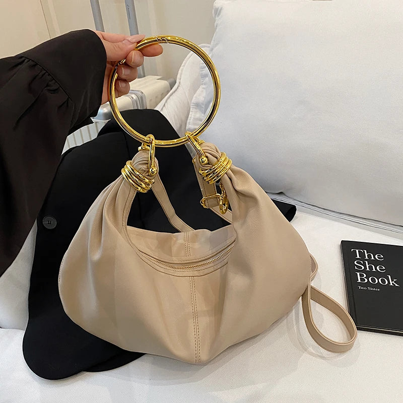 2025 Fashion Hobo Bag Luxury Designer Handbag Brand Women Tote Bag Gold Ring Handle Clutch Bag 8 Colors Pu Leather Lady Bag