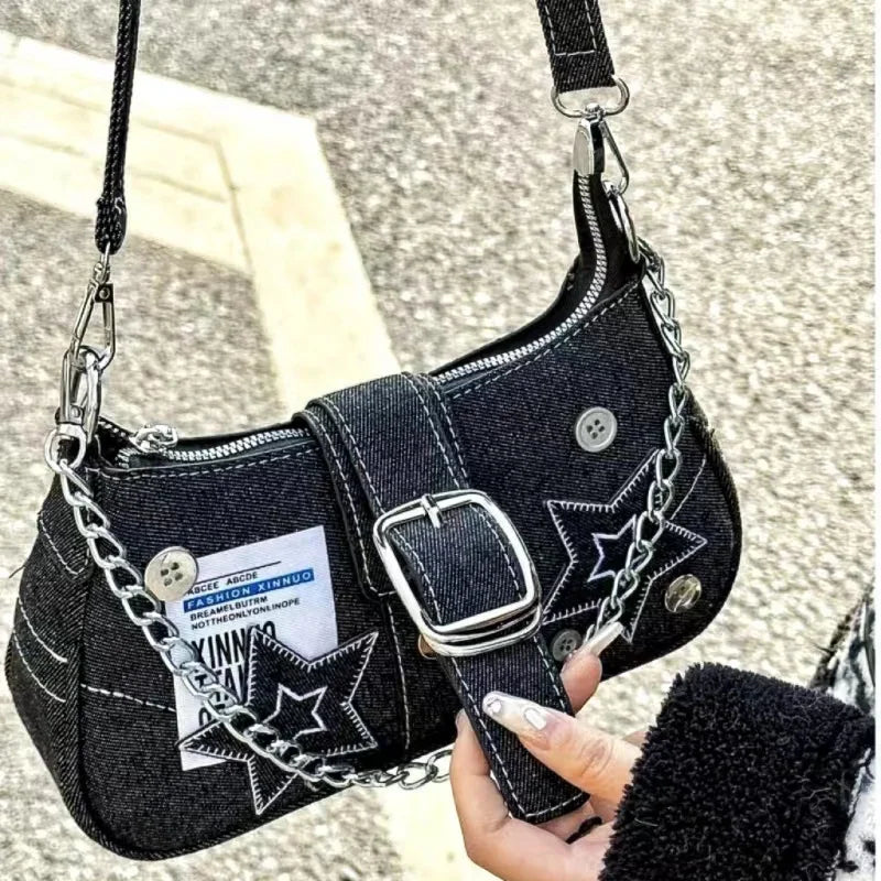 Vintage Canvas Female Small Shoulder Bags Chain Tote Purses Y2k Fashion Women's Handbags Stars Pattern Cool Girls Underarm Bag