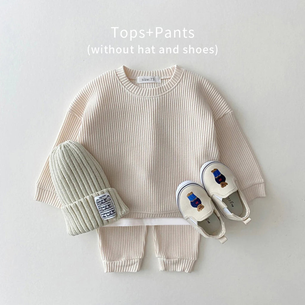 Baby Girls Clothes Autumn Cotton Kintting Clothing Sets Mock 2PCS Waffle Cotton Kids BoysSets Tracksuit Tops+Pants Korean