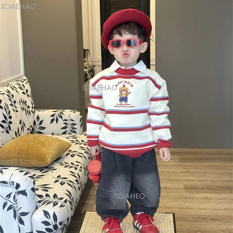 Winter Family Matching Sweaters for Mom Dad Baby Toddler New Year Outfit Christmas Holiday Homewear Cartoon Bear Stripe Knitwear