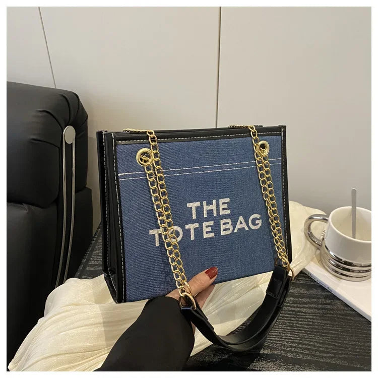 New Denim Patchwork Commuter Bag for Women, Large Capacity Embroidered Lettering Chain Underarm Crossbody Bag