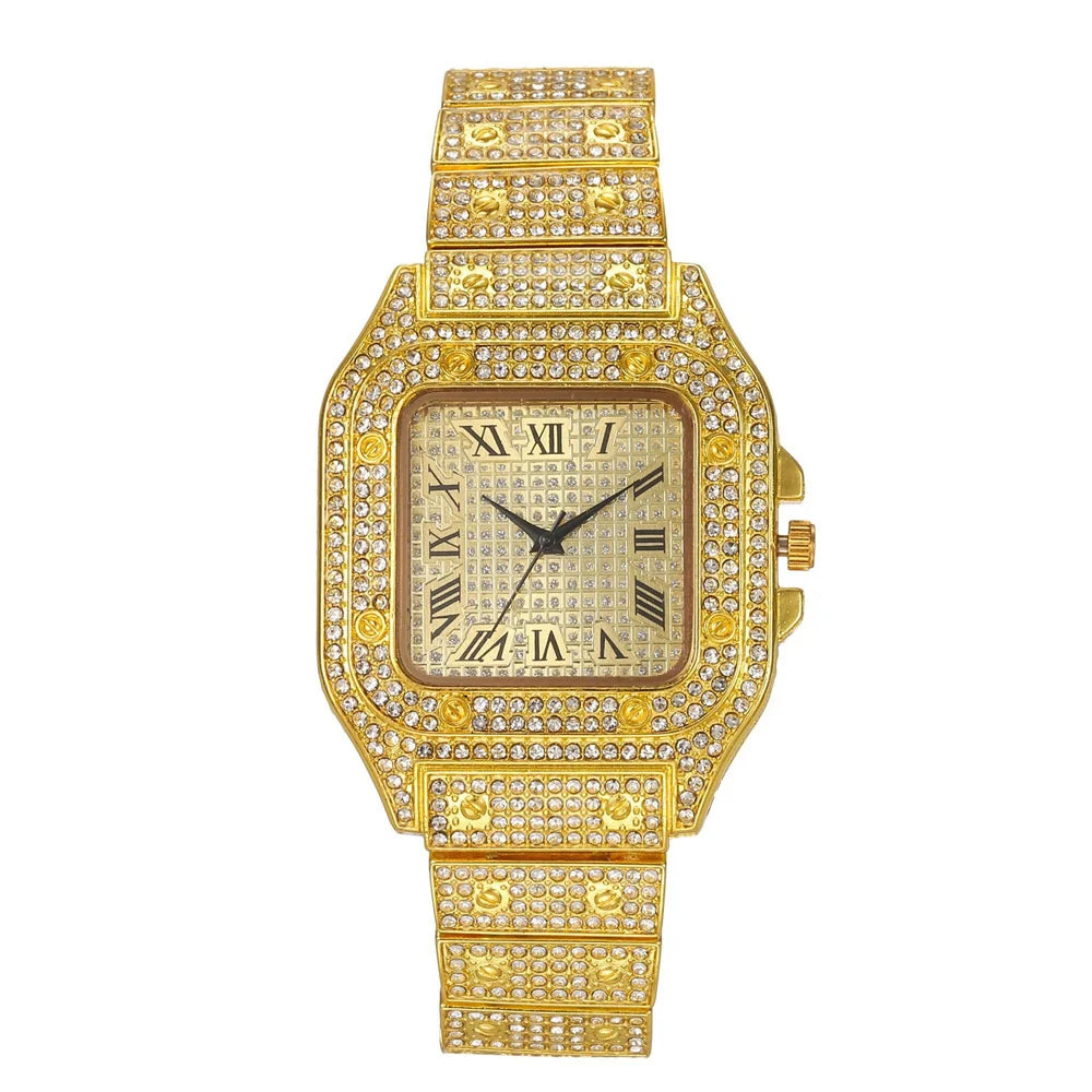 Men's Luxury Full Diamond Square Watch Iced Out Crystal Quartz Wristwatch Business Casual Waterproof Timepiece
