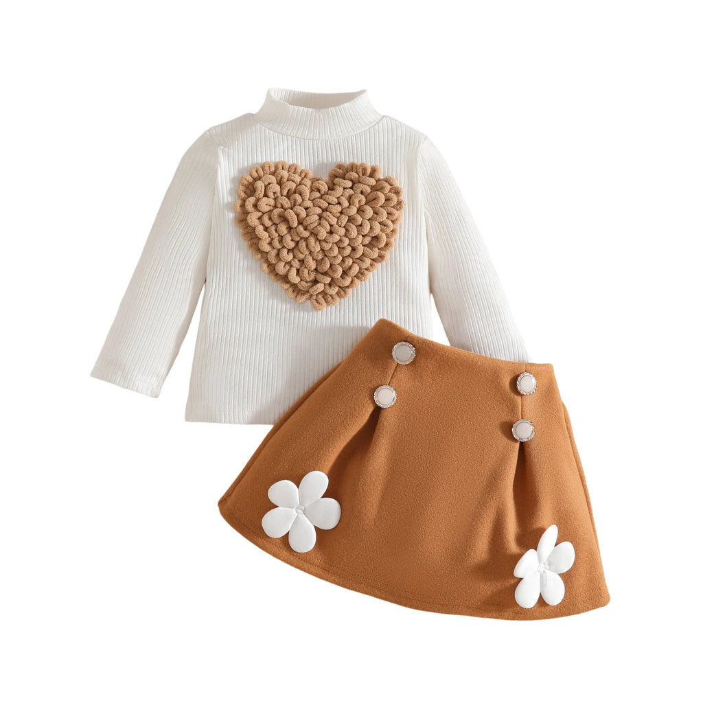 Pudcoco Toddler Baby Girl Fall Outfit Heart Mock Neck Long Sleeve Tops with 3D Flower Mini A Line Skirt 2Pcs Set 6M-4T