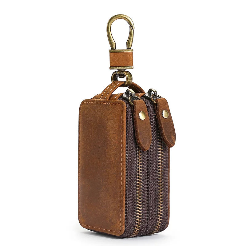 Crazy Horse leather key chain bag double zipper leather car key bag General Motors multi-purpose home double key bag keycase