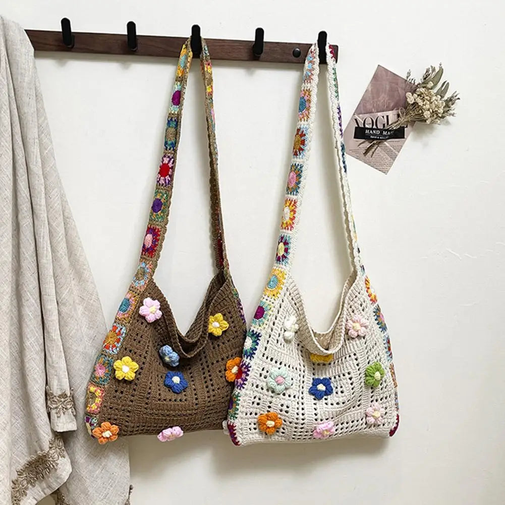 Knitted Bag Summer Beach Bag Forest-inspired Boho Crochet Bag Flowers Knitted Handbags Crossbody Shoulder Ladies Fashion Bag
