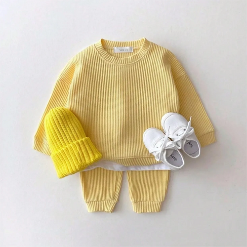 Baby Girls Clothes Autumn Cotton Kintting Clothing Sets Mock 2PCS Waffle Cotton Kids BoysSets Tracksuit Tops+Pants Korean