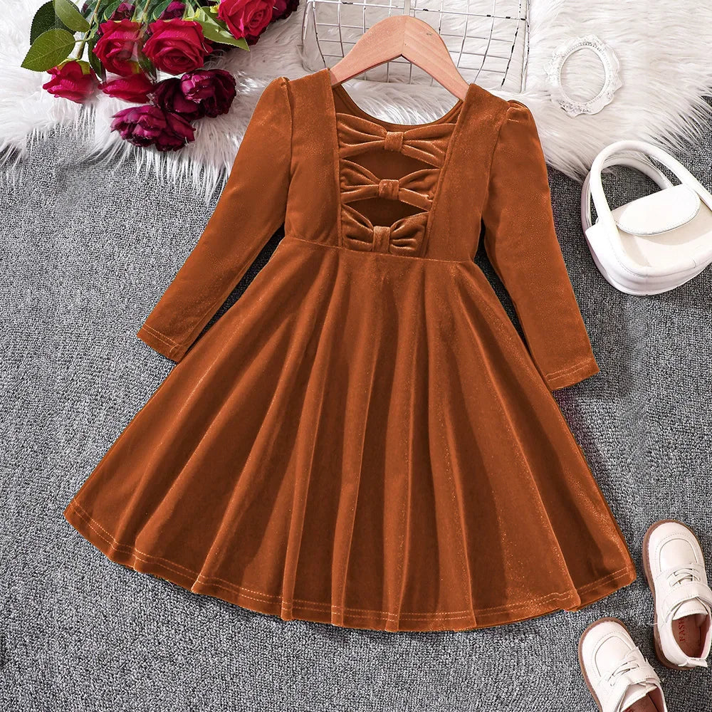 Prowow Children's Party Dresses Girls Clothing Long Sleeve Bow Hollow Out Pink Velvet Dress For Girls Kids Fall Winter Clothes