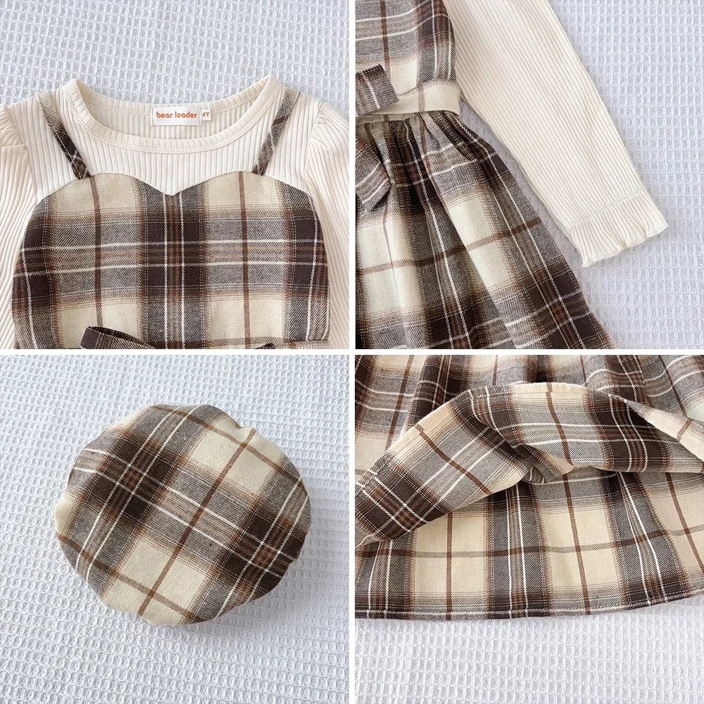 Bear Leader Fashion Splicing Fake Two Girls' Clothing 2026 Autumn Khaki Kids Dresses for Girls Plaid Long Sleeved Dress+ Hat
