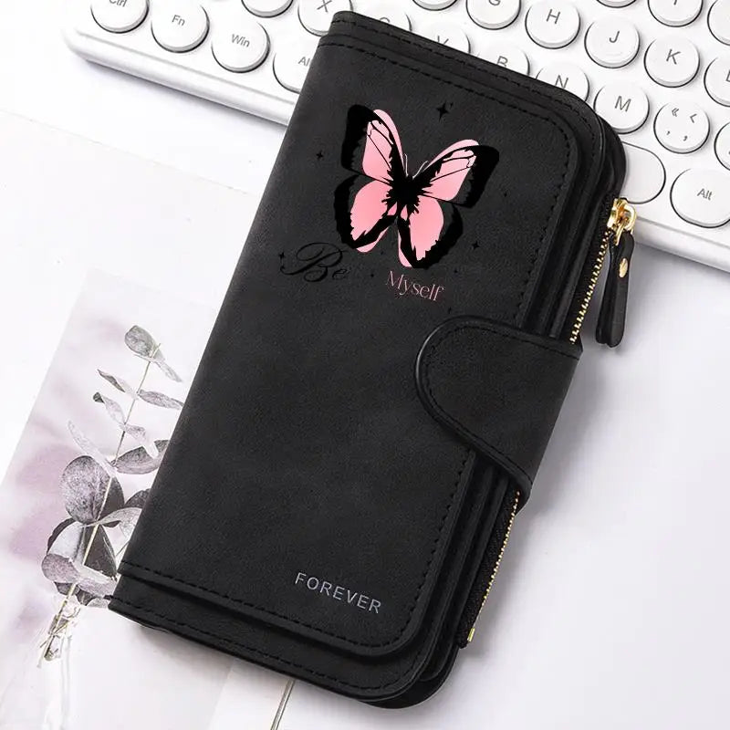 Women Butterfly Long Zipper Wallet Buckle Handbags Coin Purse Soft PU Leather Multi-Card Holder Cute Large Capacity Bag Gift
