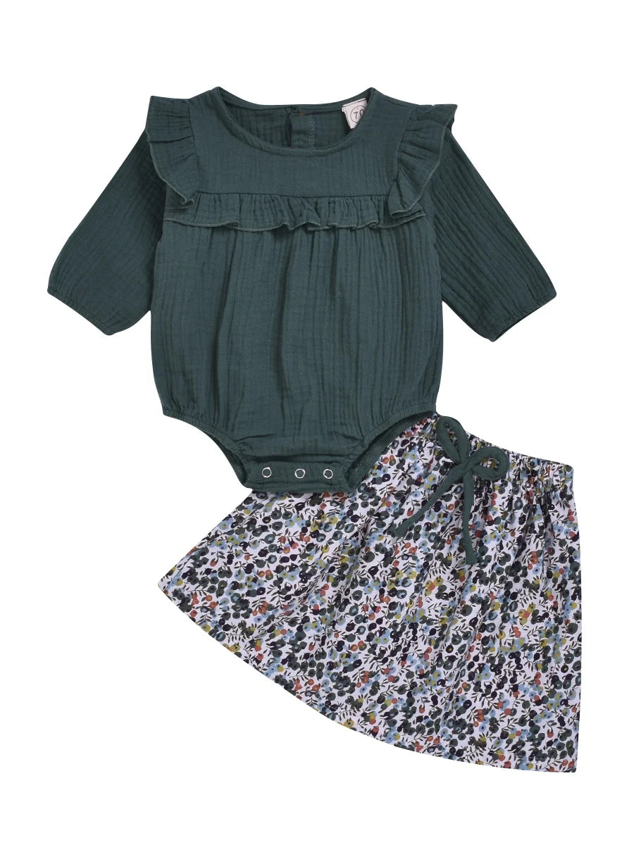 Baby Girls Long Sleeve Linen Bodysuit Romper + Floral Skirt Baby Autumn Winter Clothes Set