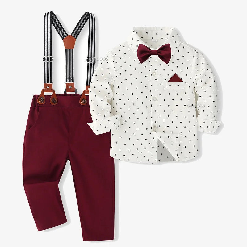 Boys Wedding Clothing Set Solid Cotton Shirt with Pants Kid Suspender Suit 0 1 2 3 4 Years Fall Birthday Costume Gentleman Child