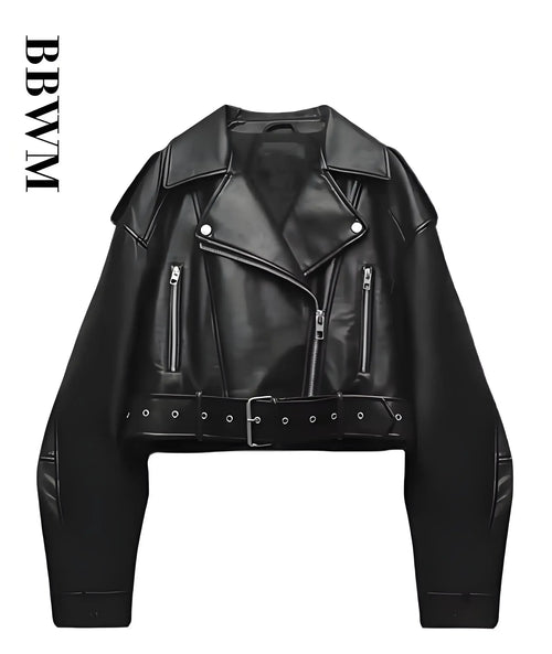 Faux PU Leather Jacket Casual Lady Lapel Zipper Short Leather Jacket High Women's Street Motorcycle Coat Tops