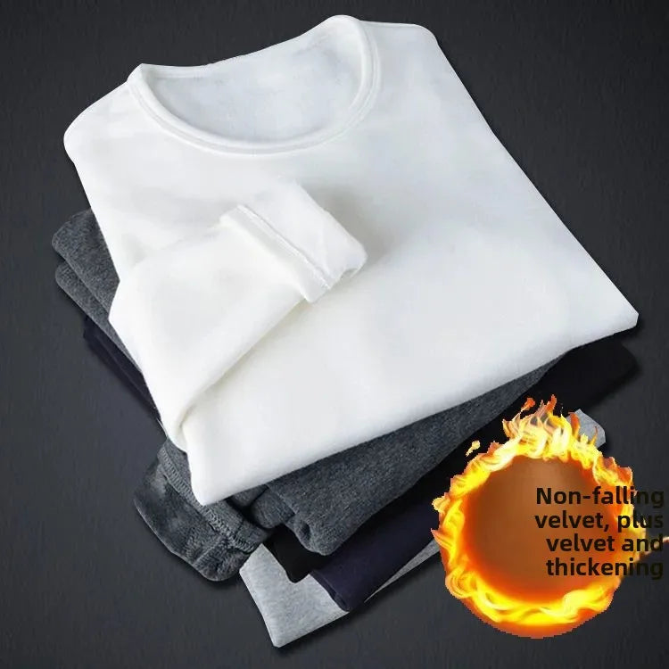 Men's Fleece Lined Thickened Long Sleeve T-Shirt round Neck Base Shirt Autumn Clothes Winter Long Sleeve Breathable Casual Wear