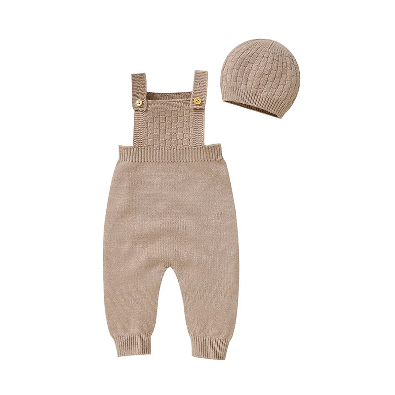 Newborn Baby Sleeveless Rompers Sleeveless Knit Infant Boys Girls Strap Jumpsuits Hats Clothes Sets 0-18m Toddler Playsuits 2pcs
