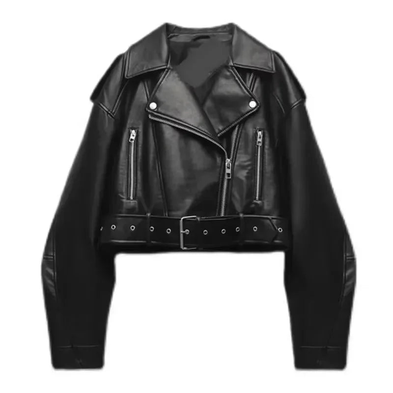 Faux PU Leather Jacket Casual Lady Lapel Zipper Short Leather Jacket High Women's Street Motorcycle Coat Tops