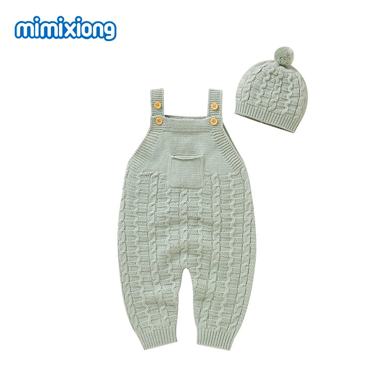 Fashion Sleeveless Knitted Baby Rompers Hats Clothes Sets Newborn Boy Girl Solid Jumpsuits Outfits Spring Autumn Infant Overalls