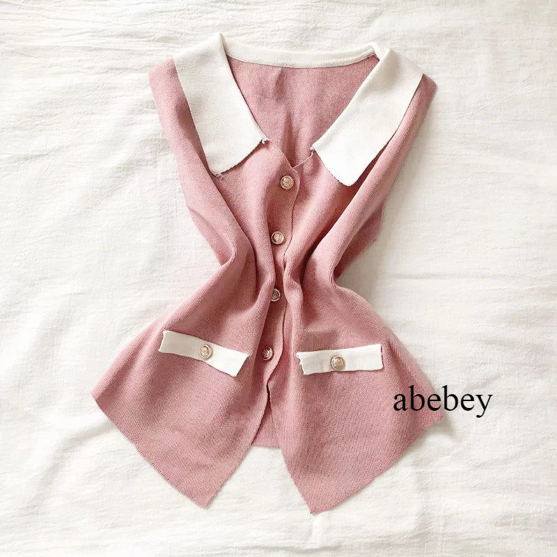 Dual Tone V-Neck Knit Vest for Women Chic Spring/Summer/Fall Sleeveless Top with Decorative Buttons Pearls Casual Sophisticated