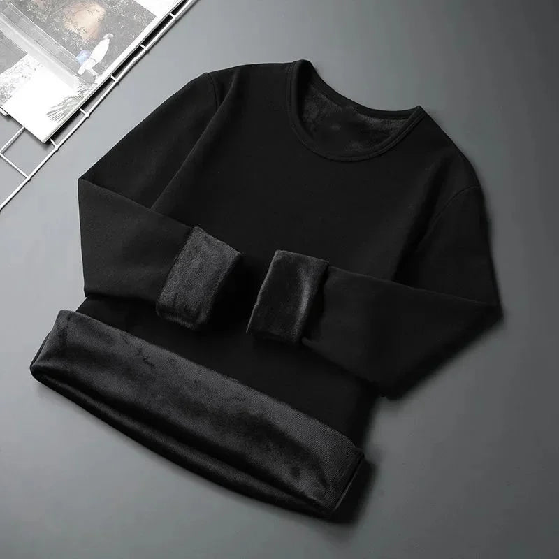 Men's Fleece Lined Thickened Long Sleeve T-Shirt round Neck Base Shirt Autumn Clothes Winter Long Sleeve Breathable Casual Wear