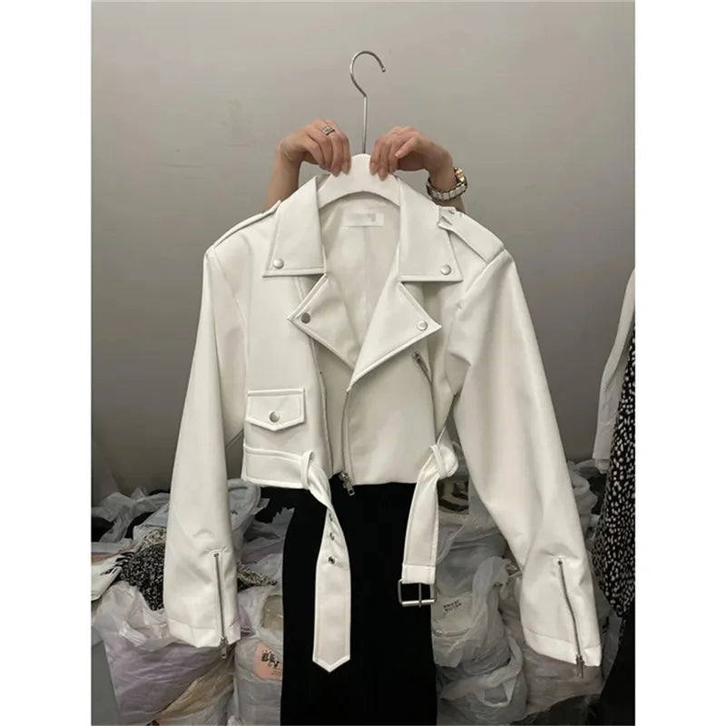 Women Oversized Vintage Loose Pu Faux Leather Short Jacket with Belt Streetwear Female Zipper Retro Moto Biker Coat Outwear