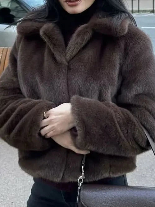 HH Women Casual Brown Short Faux Fur Coat Turn-Down Collar Long Sleeve Jacket 2025 Autumn Winter Loose High Street Outwear