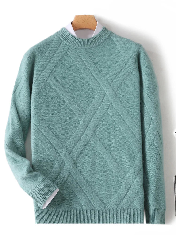 Choice New Men Autumn Winter Wool Sweater Mock Neck Long Sleeve Pullover 100% Merino Wool Knitwear Rhombus Knit Clothing Tops