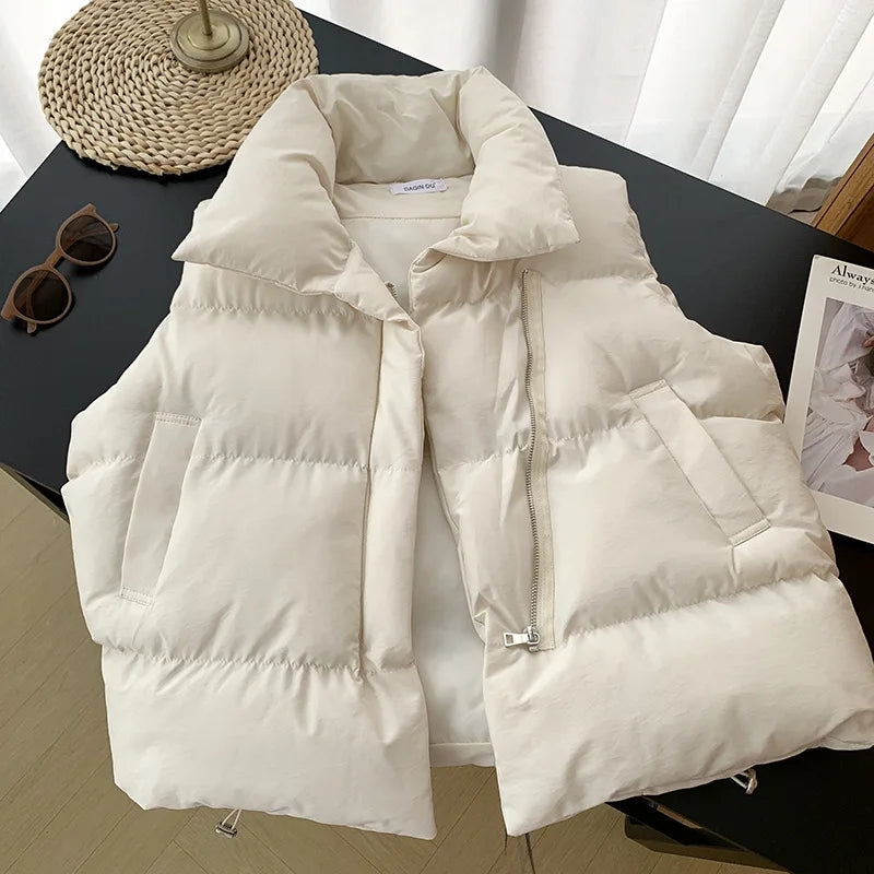 Women Fashion Autumn New 2024 Stand Collar Elegant Down Coats Warm Outerwear Casual Belt Sleeveless Winter Women Vests Jackets