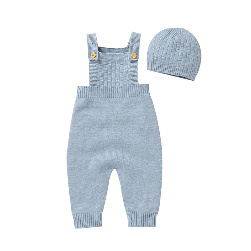 Newborn Baby Sleeveless Rompers Sleeveless Knit Infant Boys Girls Strap Jumpsuits Hats Clothes Sets 0-18m Toddler Playsuits 2pcs