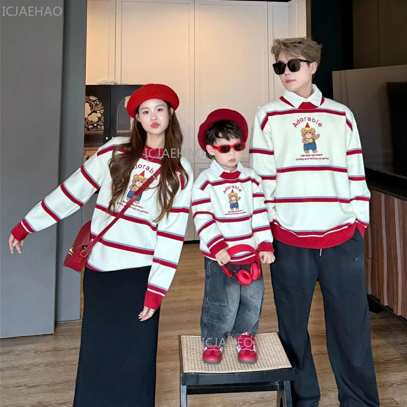 Winter Family Matching Sweaters for Mom Dad Baby Toddler New Year Outfit Christmas Holiday Homewear Cartoon Bear Stripe Knitwear