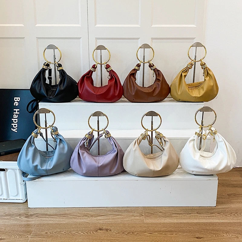 2025 Fashion Hobo Bag Luxury Designer Handbag Brand Women Tote Bag Gold Ring Handle Clutch Bag 8 Colors Pu Leather Lady Bag