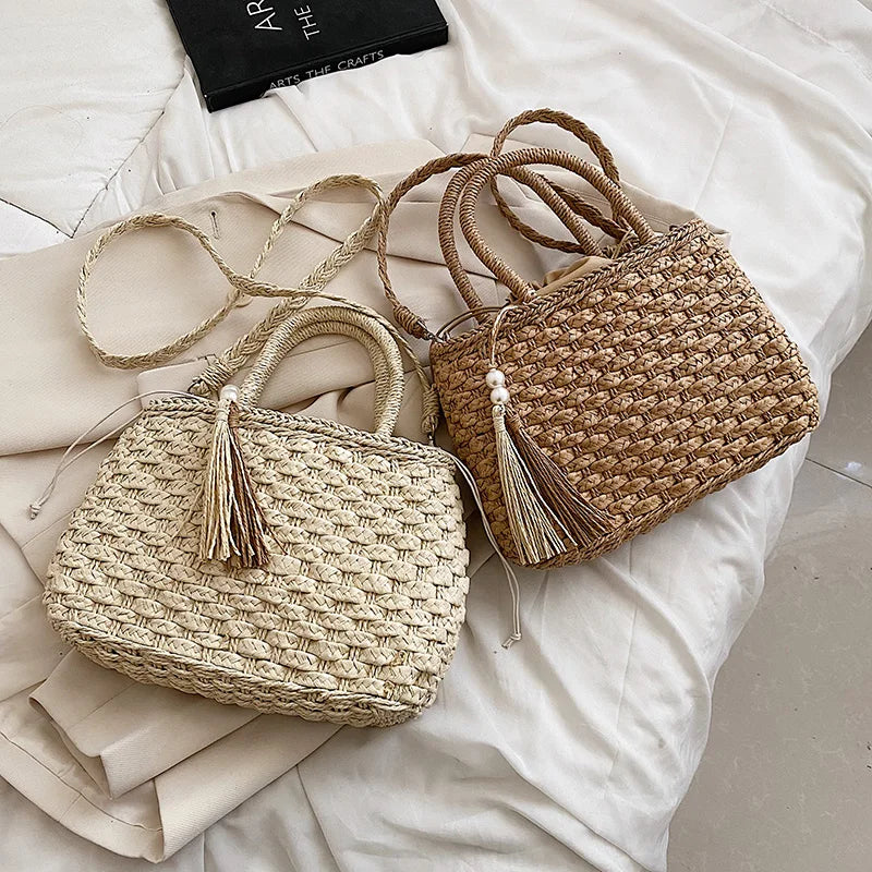 MOODS Rattan Woven Top-handle Bags For Women 2026 Summer Beach Holiday Shoulder Cross Body Basket Bag Luxury Designer Handbags