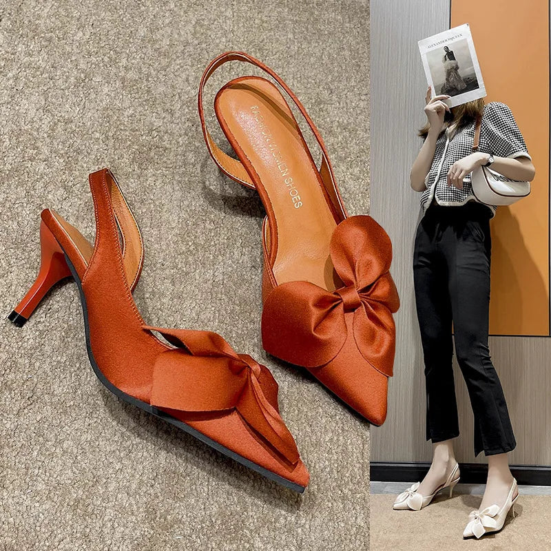 High Heels For Women Spring Summer Pointed Toe Shallow Mouth Versatile Slip-Ons With Silk Bowknot And Thin Heel