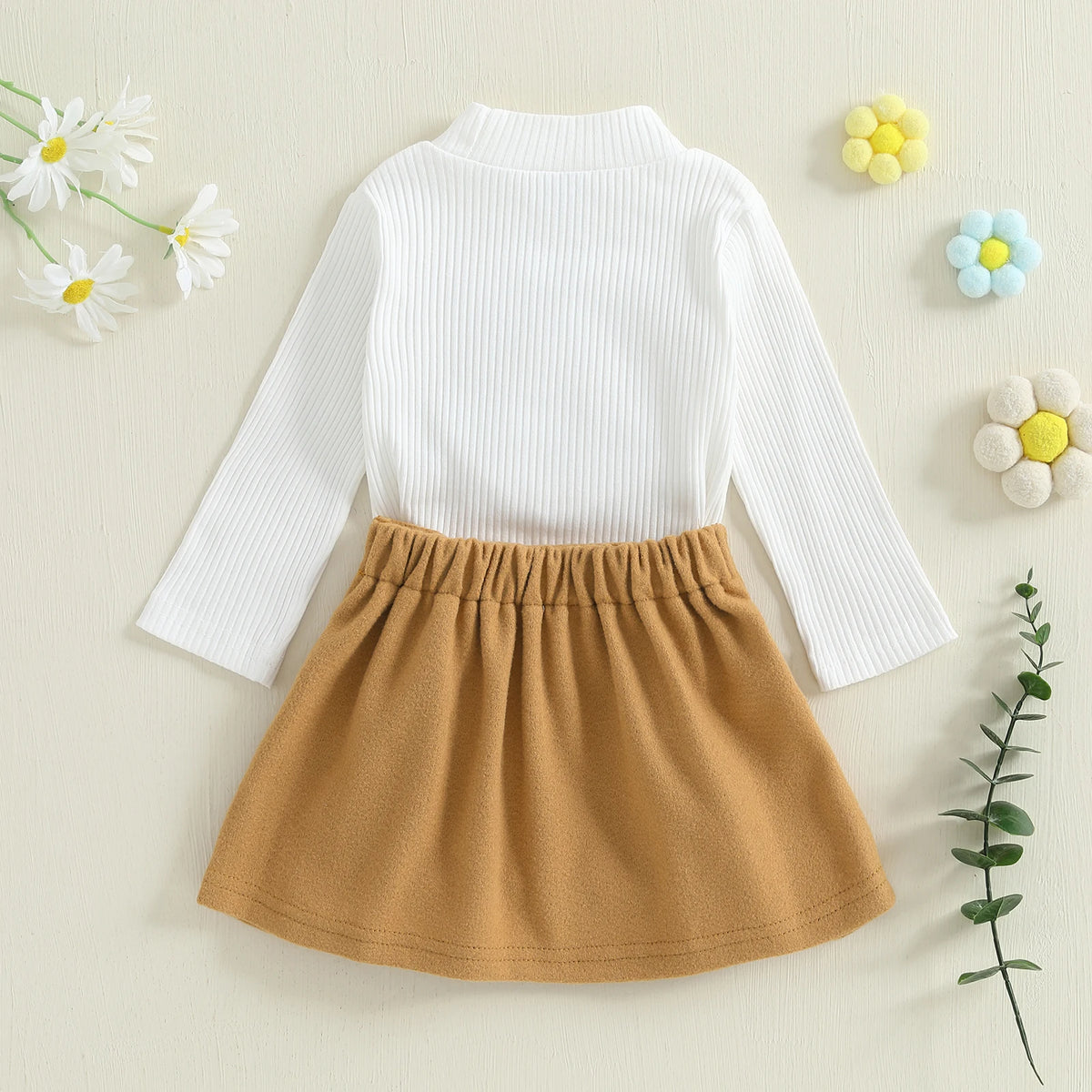 Pudcoco Toddler Baby Girl Fall Outfit Heart Mock Neck Long Sleeve Tops with 3D Flower Mini A Line Skirt 2Pcs Set 6M-4T