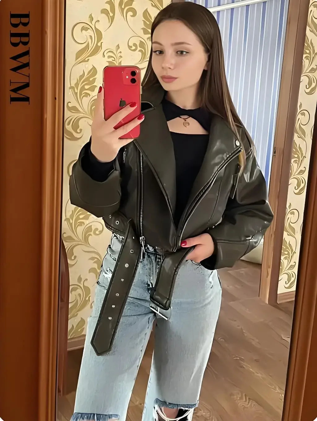 Faux PU Leather Jacket Casual Lady Lapel Zipper Short Leather Jacket High Women's Street Motorcycle Coat Tops