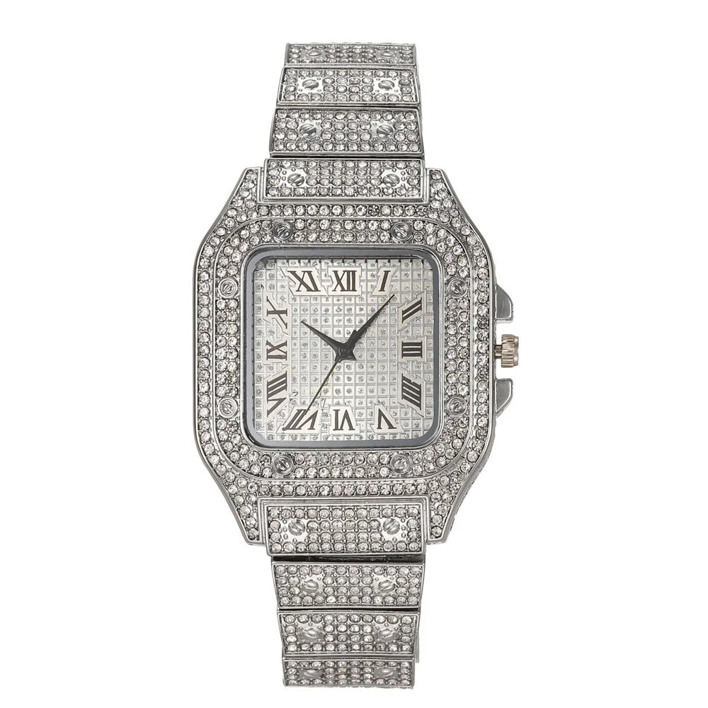 Men's Luxury Full Diamond Square Watch Iced Out Crystal Quartz Wristwatch Business Casual Waterproof Timepiece