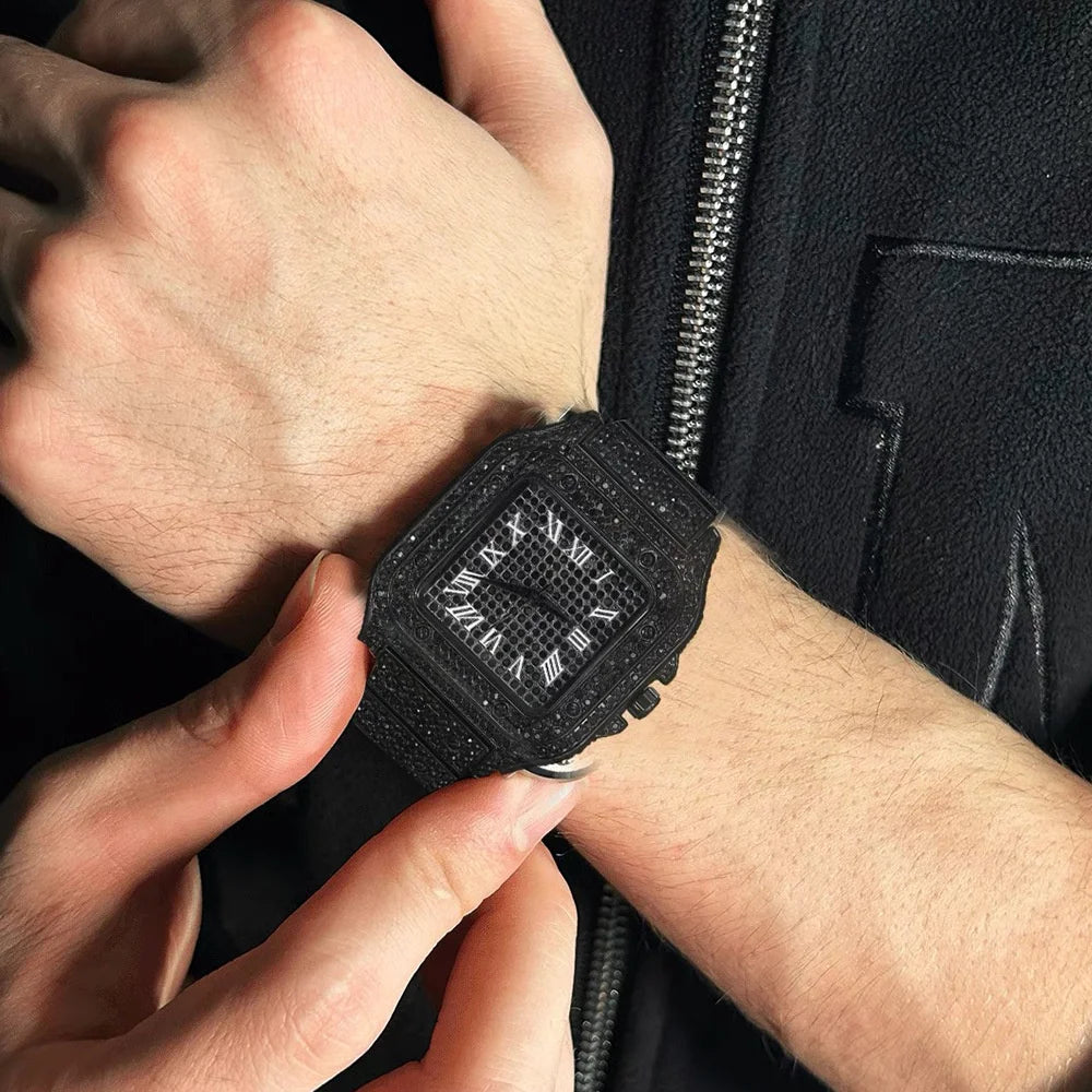 Men's Luxury Full Diamond Square Watch Iced Out Crystal Quartz Wristwatch Business Casual Waterproof Timepiece