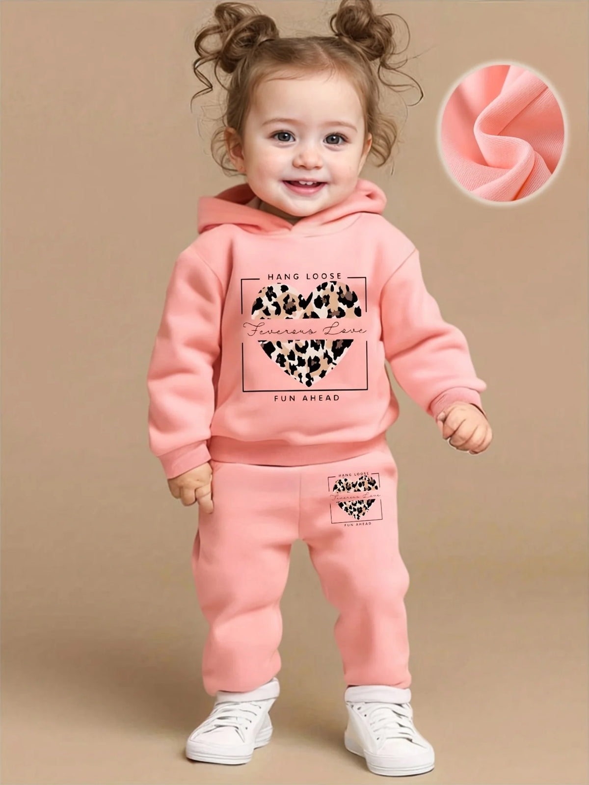 Newborn Baby Girl Leopard Print Heart Letter Fleece Hoodie & Jogger Pants Set, Perfect for Outdoor Wear in Fall and Winter