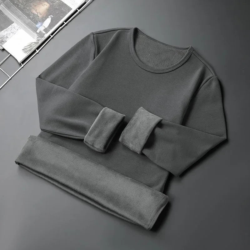 Men's Fleece Lined Thickened Long Sleeve T-Shirt round Neck Base Shirt Autumn Clothes Winter Long Sleeve Breathable Casual Wear