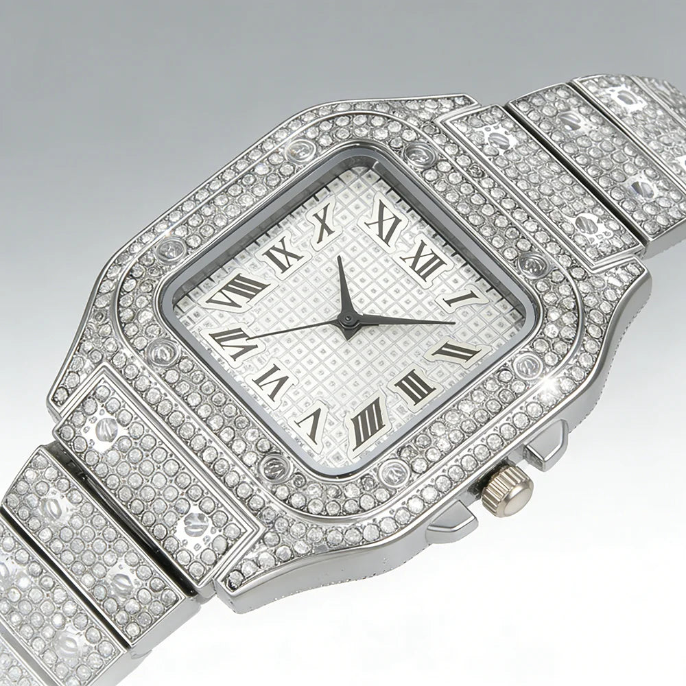 Men's Luxury Full Diamond Square Watch Iced Out Crystal Quartz Wristwatch Business Casual Waterproof Timepiece