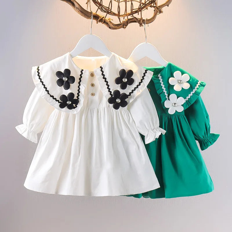 Children's Korean version Dress Spring and Autumn Fashion Girl's Pure Cotton Flower Doll Neck Dress Infant Princess Dress 0-4Y