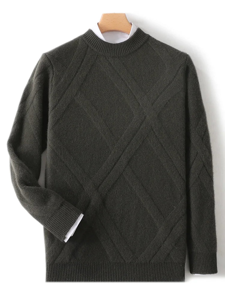 Choice New Men Autumn Winter Wool Sweater Mock Neck Long Sleeve Pullover 100% Merino Wool Knitwear Rhombus Knit Clothing Tops