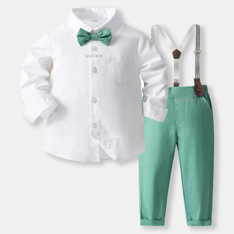Boys Wedding Clothing Set Solid Cotton Shirt with Pants Kid Suspender Suit 0 1 2 3 4 Years Fall Birthday Costume Gentleman Child