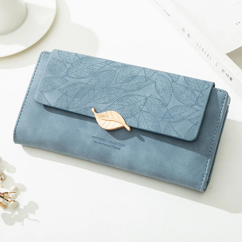 Purse Female Niche Design Retro Simple Long Mobile Phone Bag Frosted Leaf Women's Purse 2023 New Trend All-Matching Wallet Women