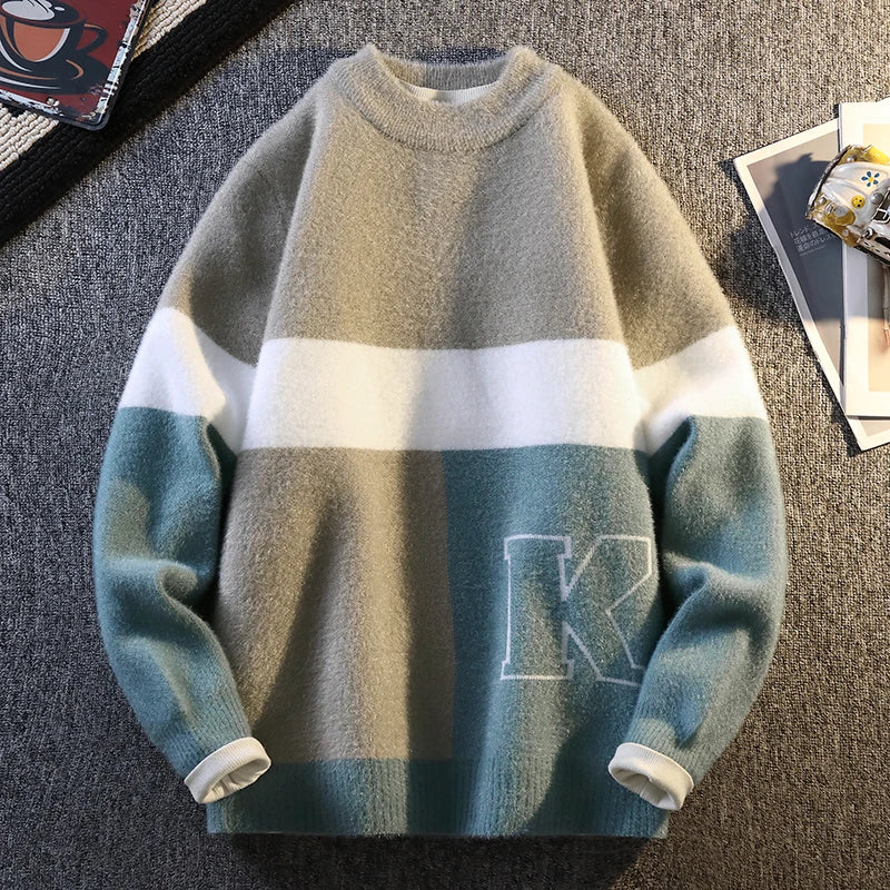 Trendy Men's Round Neck Sweater Autumn Winter Color Block Knitwear Minimalist Urban Loose Pullover Fashion Casual Streetwear Top