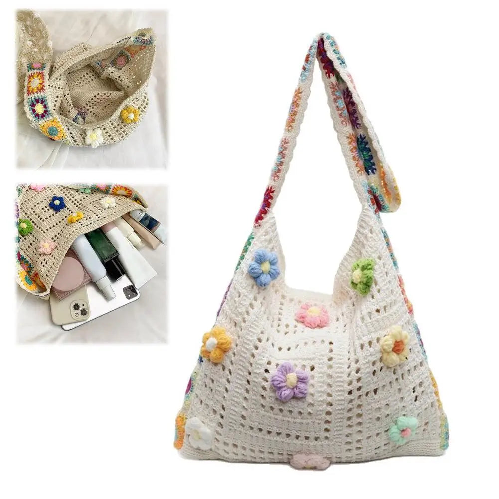 Knitted Bag Summer Beach Bag Forest-inspired Boho Crochet Bag Flowers Knitted Handbags Crossbody Shoulder Ladies Fashion Bag